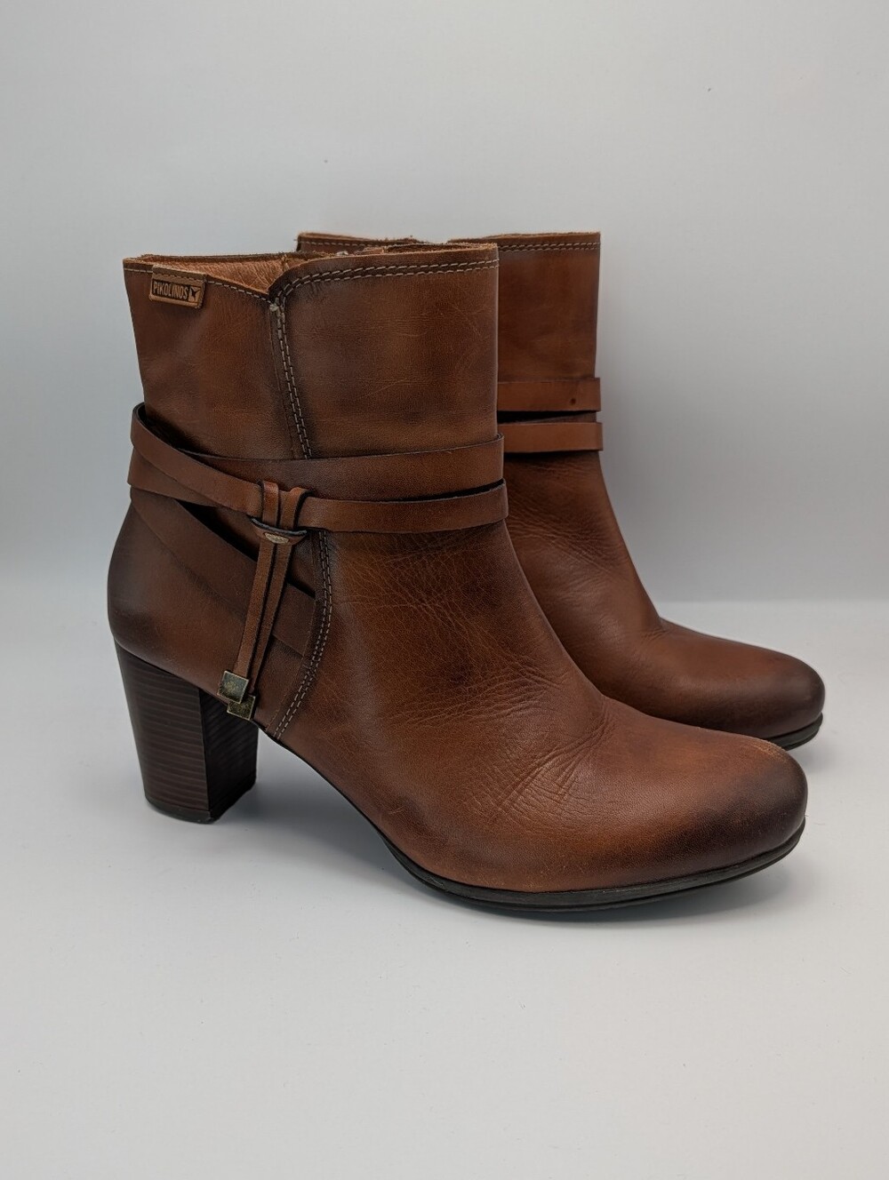 Pikolinos Verona Brown Leather Ankle Boots Block Heel Side Zip EU 38 US 7.5-8